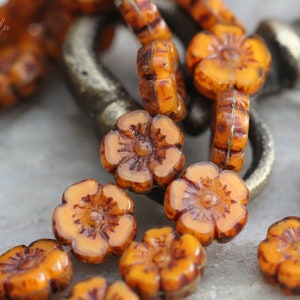 Perles en verre tchèque orange Picasso fleur hawaïenne 10 mm, 10 perles