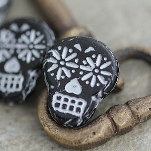 Jet Black Sugar Skull Czech Glass Beads 20x17mm, 2 Beads/6 Beads