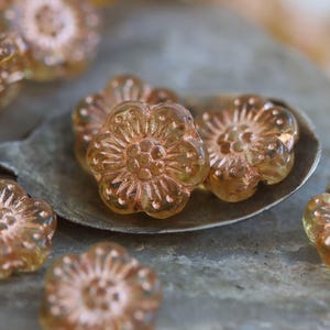 Light Topaz with Copper Czech Glass Wild Rose Beads 14mm, 6 Beads