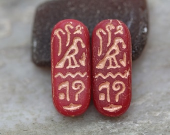 Matte Semi-Opaque Red Egyptian Cartouche Czech Glass Beads 25x10mm, 4 Beads