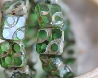 Transparent Green Picasso Carved Square Czech Glass Beads 10mm, 6 Beads