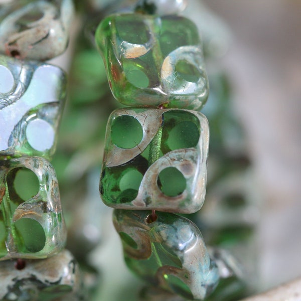 Transparent Green Picasso Carved Square Czech Glass Beads 10mm, 6 Beads