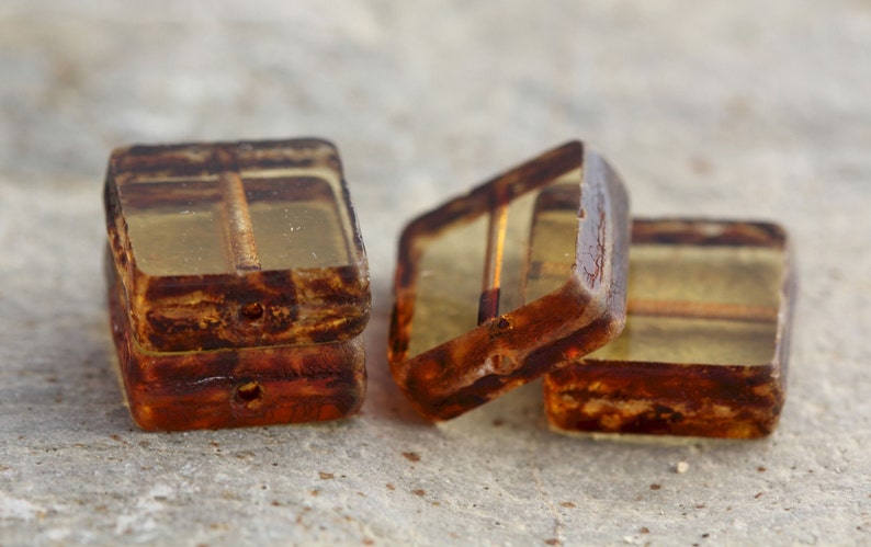 4 Beads Topaz Square Tile Beads Table Cut Beads 13mm Premium Czech Glass Beads