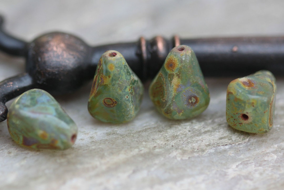Sea Green Antique Picasso Pyramid Drop Czech Glass Beads 13x11mm, 6 ...