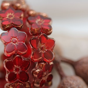 Ruby Red with Bronze Wash 5 Petal Flower Czech Glass Beads 14x12mm (6 Beads)