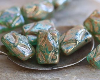 Sea Green Picasso Czech Glass Diamond Rectangle Beads 12x8mm, 6 or 10 Beads