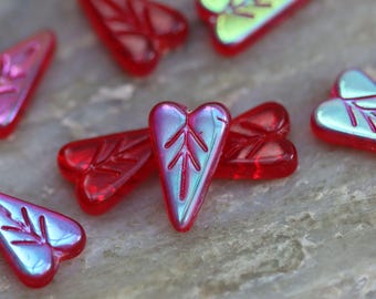 Red with AB Finish Heart Leaf Czech Glass Beads 16x11mm, 8 Beads
