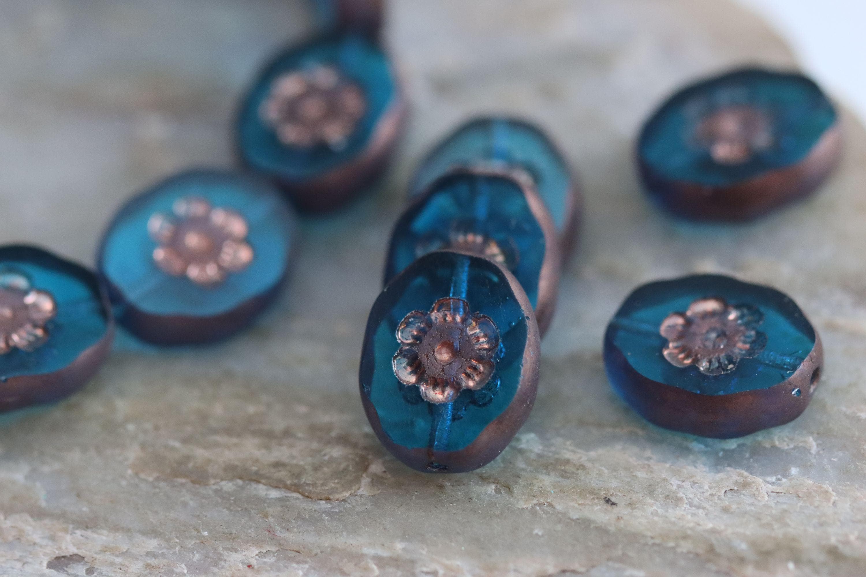 Sapphire Blue With Bronze Wash Flower Oval Czech Glass Beads