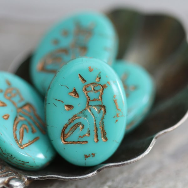 Egyptian Cat Opaque Turquoise Oval Czech Glass Beads 16x12mm, 4 Beads