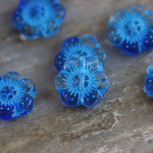 Transparent & Blue Blend Czech Glass Wild Rose Beads 14mm, 6 Beads