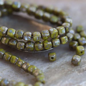 New! Leaf Green Picasso Cube Czech Glass Beads 3.7mm, 50 Beads