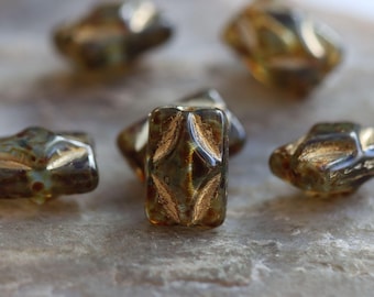 Olive Green Picasso Czech Glass Diamond Rectangle Beads 12x8mm, 6 or 10 Beads
