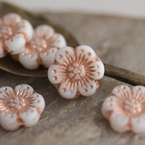 Opaque White with Copper Czech Glass Wild Rose Beads 14mm, 6 Beads