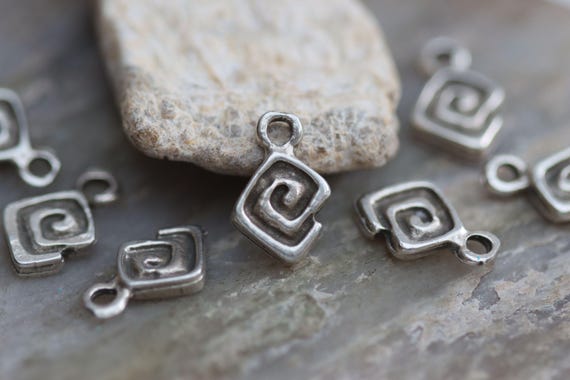 Mykonos Spiral Square Charm Antique Silver Greek Cast Metal 13x8mm, 6 Pieces/10 Pieces