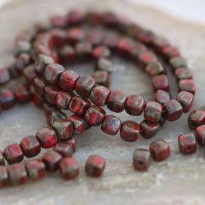 New! Red Picasso Cube Czech Glass Beads 3.7mm, 50 Beads