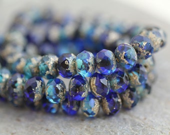 Golden Etched Sapphire & Aquamarine Rondelle Czech Glass Beads 8x6mm, 10 Beads