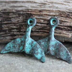 Mykonos Whale Tail Pendant/Charm Green Patina Greek Cast Metal 20x25mm, 2 Pieces