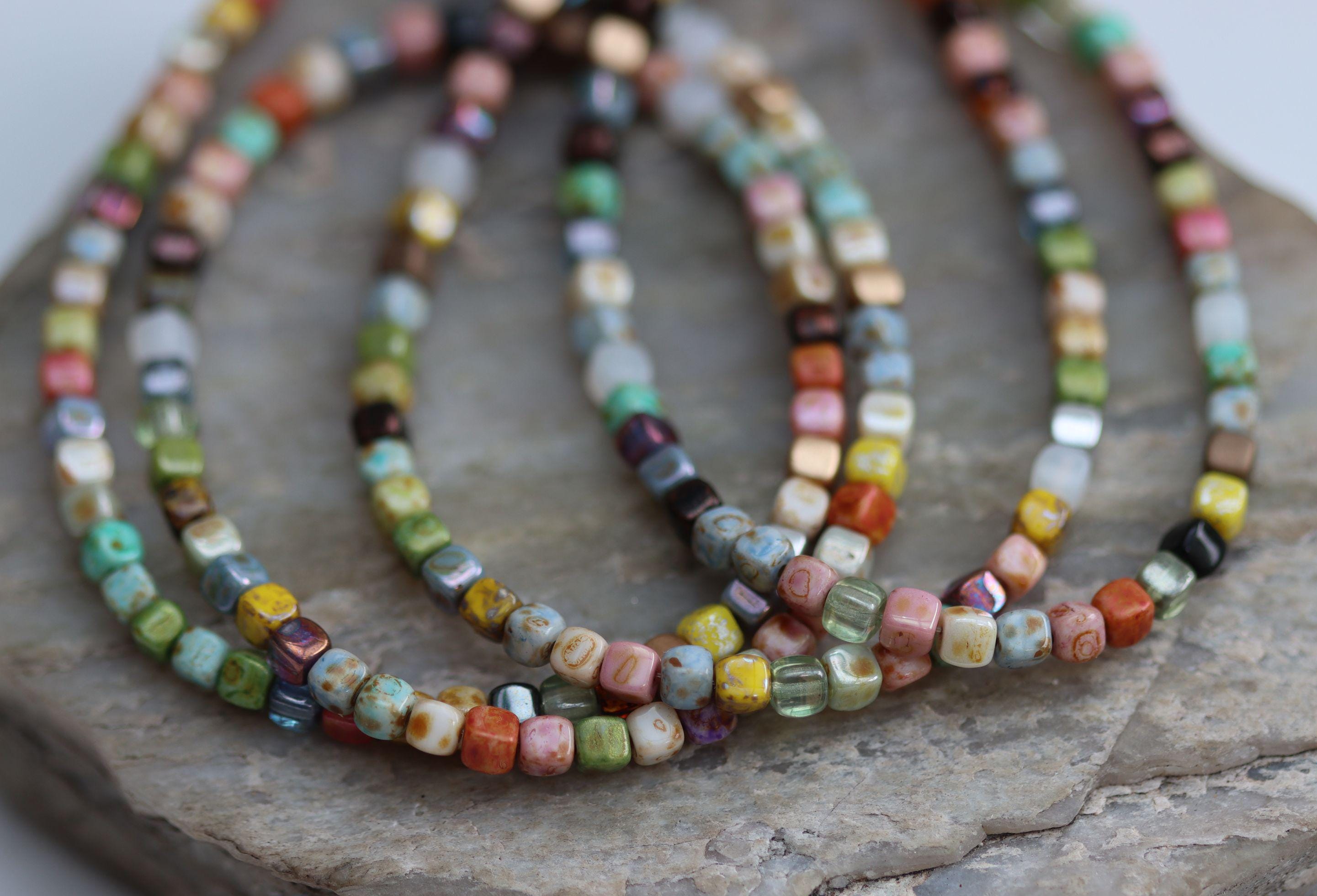 Flower Garden Mix Cube Czech Glass Beads 3.6mm, 100 Beads