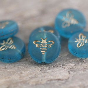 Matte Ocean Blue with Gold Wash Coin Bee Czech Glass Beads 12mm, 6 Beads