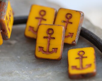 Sun Yellow Czech Glass Anchor Beads - Rectangle Tile 15x12mm (4 or 8 Beads)
