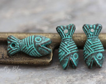 Mykonos Fish Charm Patina, Greek Cast Metal, 8x17mm, 4 Pieces