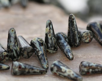 Black Mottled Spike Czech Glass Beads 15x6mm, 20 Beads
