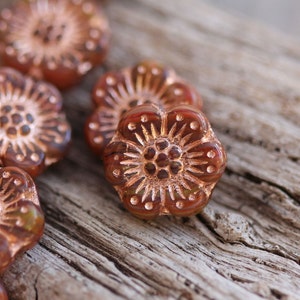 Brick Orange and Green Czech Glass Wild Rose Beads 14mm, 6 Beads