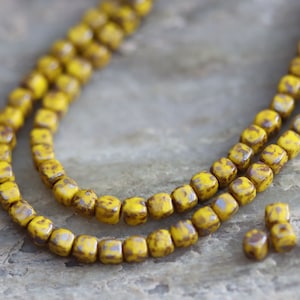 Yellow Picasso Cube Czech Glass Beads 3.7mm, 50 Beads