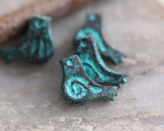 Mykonos Little Bird Green Patina Greek Cast Metal 12x10mm, 4 Pieces/10 Pieces