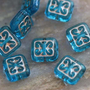 Pacific Blue Ornamental Rectangle Czech Glass Beads 12x11mm, 8 Beads