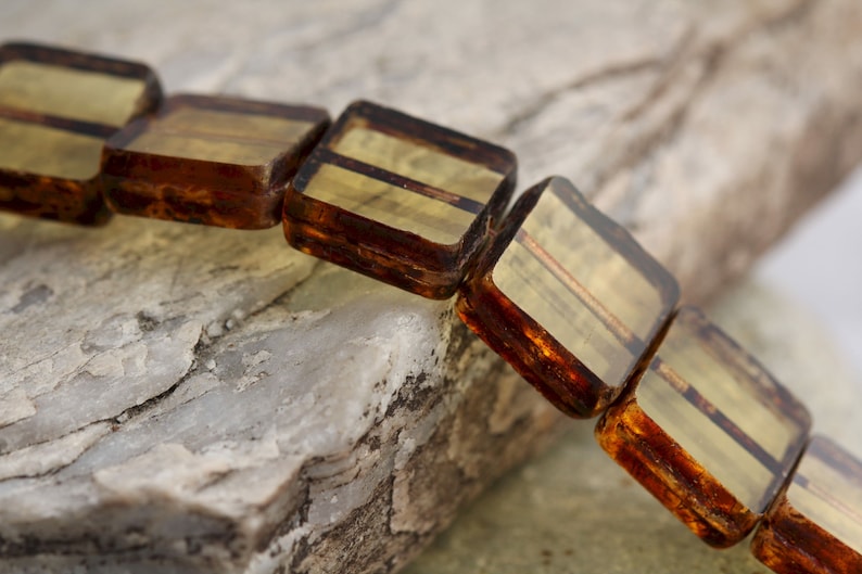 4 Beads Topaz Square Tile Beads Table Cut Beads 13mm Premium Czech Glass Beads