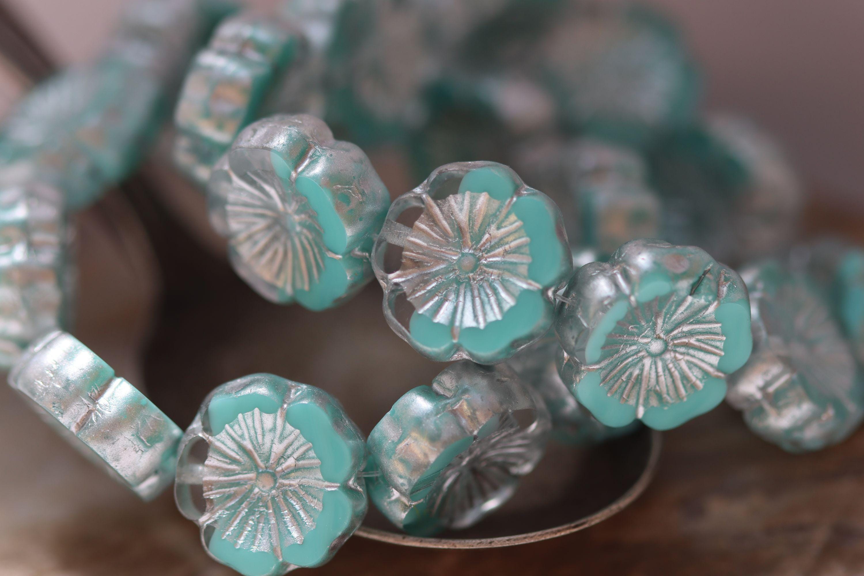 Transparent & Sky Blue Hawaiian Flower Czech Glass Beads 14mm, 4