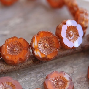 Fleur hawaïenne orange et blanche en verre tchèque 12 mm, 6 perles
