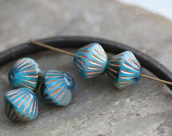 Blue Lagoon African Bicone Czech Glass Beads 11x10mm, 10 Beads