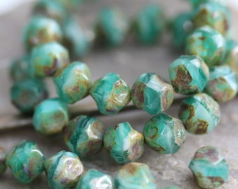 Aqua Green Lagoon Baroque Central Cut Czech Glass Beads 9mm, 10 Beads