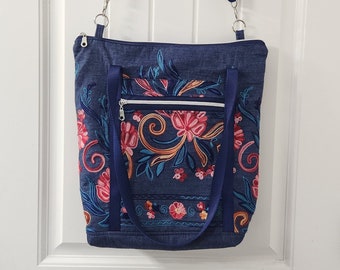 Floral Embroidered Denim Convertible Crossbody and Tote Bag