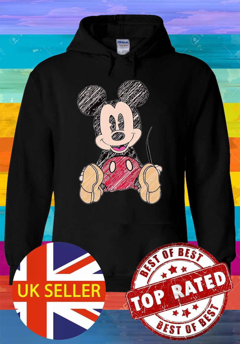 May include: Black hoodie with a sketch-style image of Mickey Mouse in the center. The hoodie has a large, red "Best of Best Top Rated" stamp on the bottom right corner and a smaller, red "UK Seller" stamp on the bottom left corner.