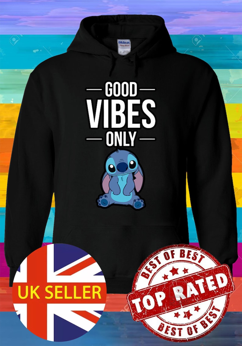 May include: Black hoodie featuring a blue Stitch character and the text "Good Vibes Only" in white. The hoodie has a drawstring hood and a kangaroo pocket. The image also includes a UK seller badge and a "Best of Best Top Rated" badge.