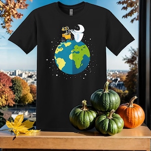 Robot Love Wall-E and Eve Earth T-Shirt Tshirt T Shirt Hoodie Unisex Men Women Kids (S-5XL) | Gildan Top for Boys & Girls SY721