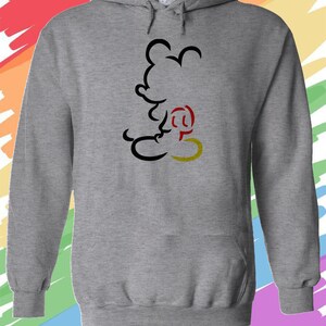 May include: A gray hooded sweatshirt with a black outline of Mickey Mouse in a silhouette. The outline is filled with red, yellow, and orange colors.