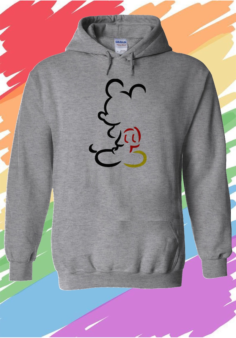 May include: A gray hooded sweatshirt with a black outline of Mickey Mouse in a silhouette. The outline is filled with red, yellow, and orange colors.