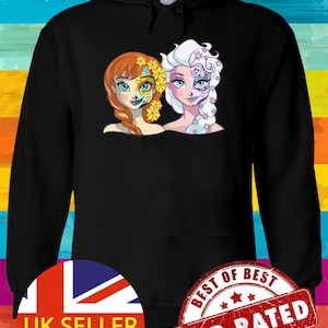 Disney Princess Elsa & Anna Frozen Sugar Skull Hoodie Sweatshirt Pullover Winter Men Women Ladies Gildan S-M-L-XL-XXL-3XL-4XL-5XL Unisex V79