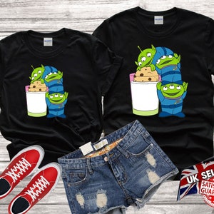 Disney Toy Story Little Green Aliens Pizza Milk cookies cute Tshirt Top Men Women Ladies Gildan S-M-L-XL-XXL-3XL-4XL-5XL Unisex V612