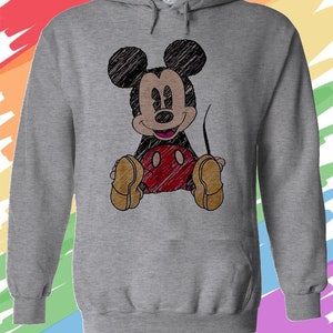 May include: A gray hooded sweatshirt with a black and white sketch of Mickey Mouse wearing red shorts. The sketch is in a hand-drawn style.