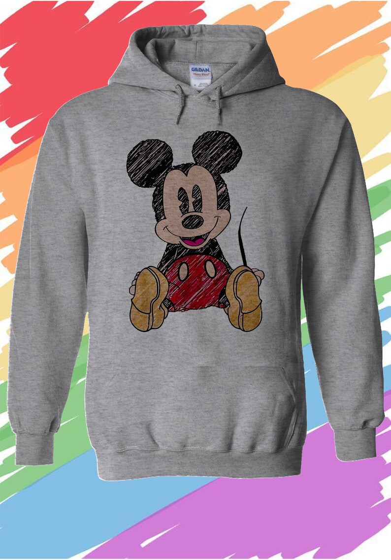 May include: A gray hooded sweatshirt with a black and white sketch of Mickey Mouse wearing red shorts. The sketch is in a hand-drawn style.