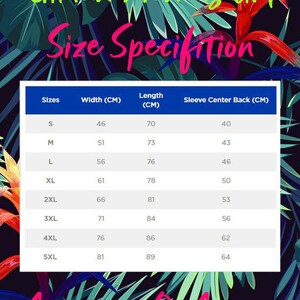 May include: A chart showing the size specifications for a men's t-shirt. The chart shows the size, width in centimeters, length in centimeters, and sleeve center back in centimeters. The sizes range from S to 5XL.