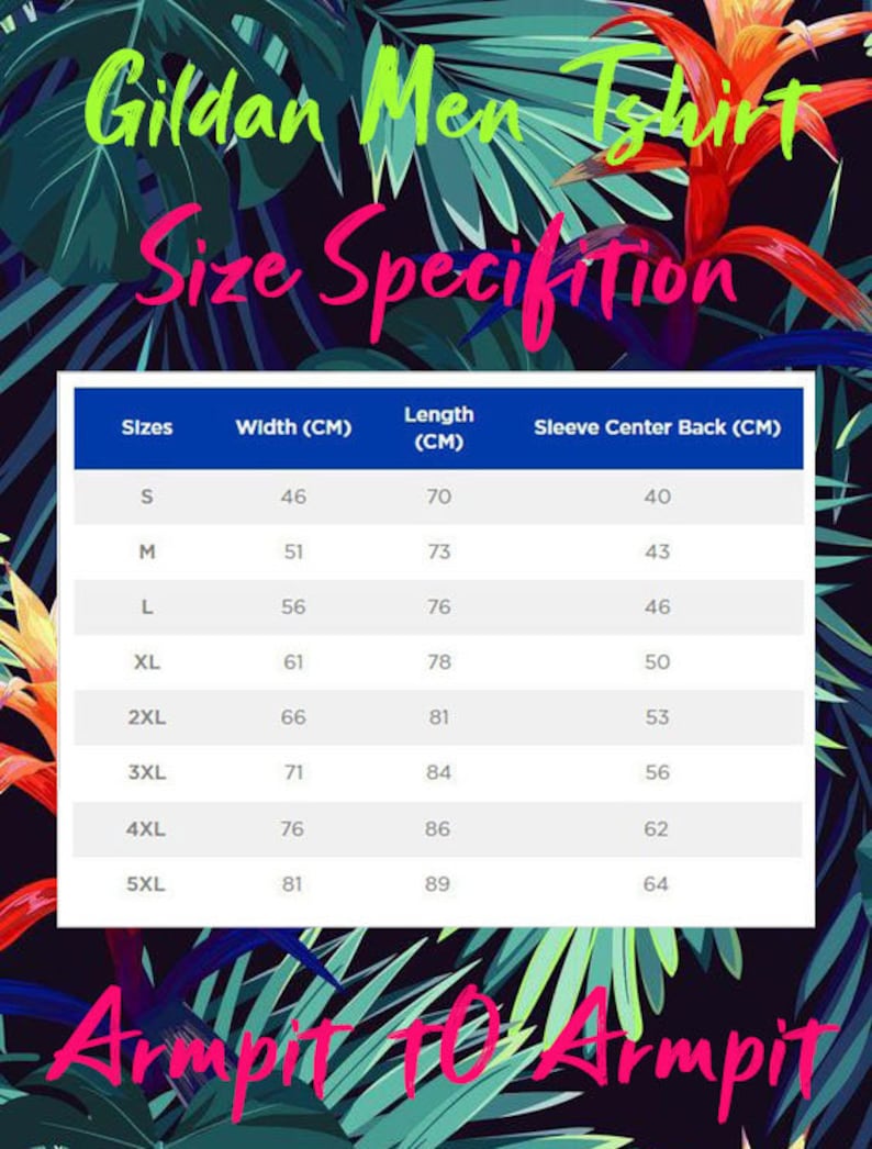 May include: A chart showing the size specifications for a men's t-shirt. The chart shows the size, width in centimeters, length in centimeters, and sleeve center back in centimeters. The sizes range from S to 5XL.