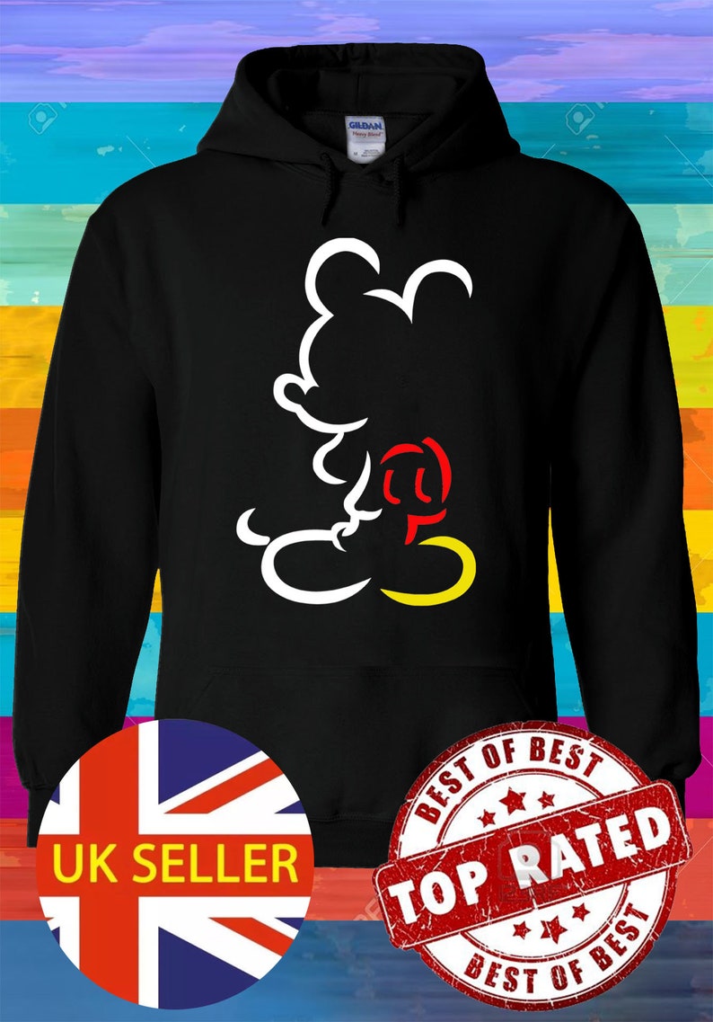 May include: Black hoodie with a white outline of Mickey Mouse with a red and yellow circle in the middle. The hoodie has a white "UK SELLER" label and a red "BEST OF BEST TOP RATED BEST OF BEST" label.