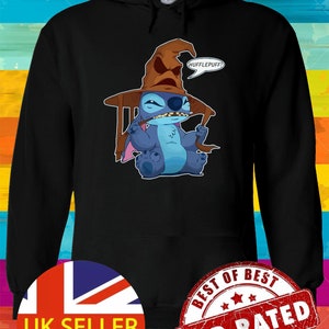 May include: Black hoodie with a blue Stitch character wearing a brown Hogwarts Sorting Hat with the text "Hufflepuff!" in a speech bubble. The hoodie has a UK seller label and a "Best of Best Top Rated Best of Best" label.