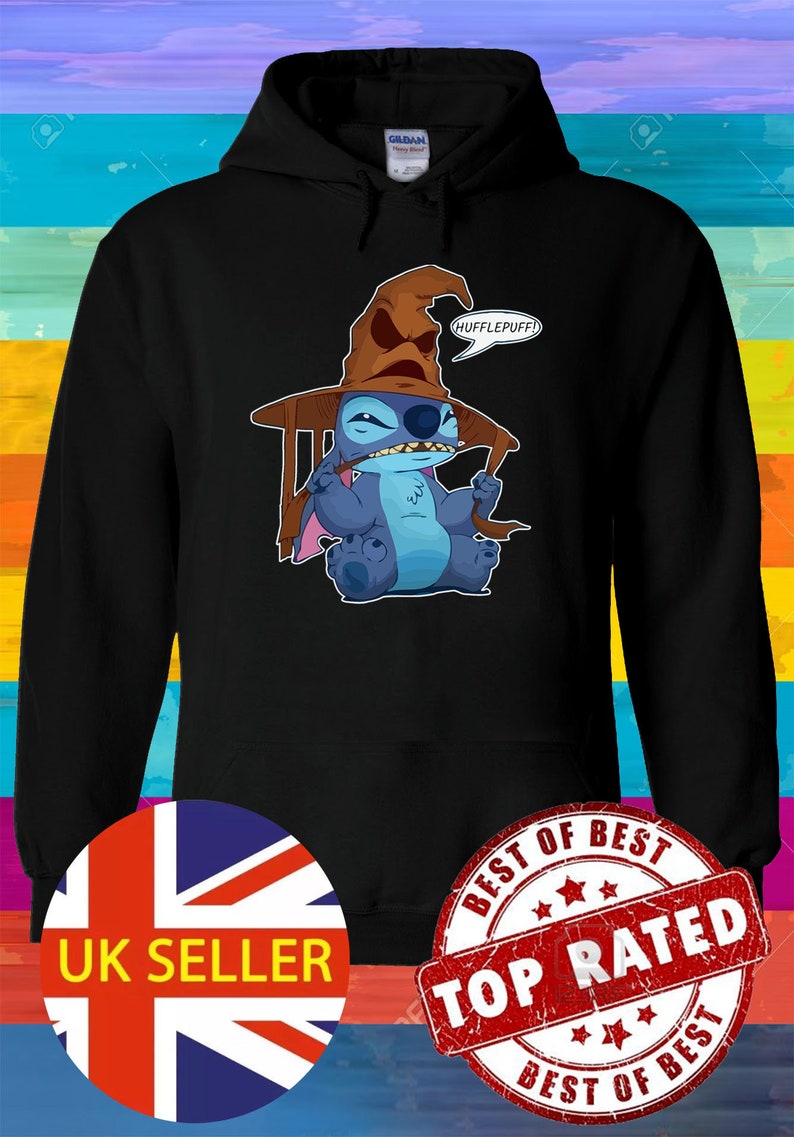 May include: Black hoodie with a blue Stitch character wearing a brown Hogwarts Sorting Hat with the text "Hufflepuff!" in a speech bubble. The hoodie has a UK seller label and a "Best of Best Top Rated Best of Best" label.